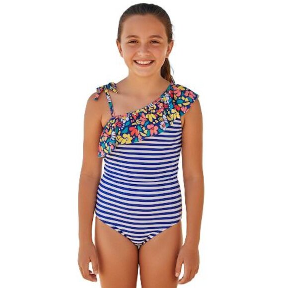 Cat & Jack Other - Cat & Jack Girls One Piece Swimsuit Size L 10-12 Floral Ruffle Blue White Stripe